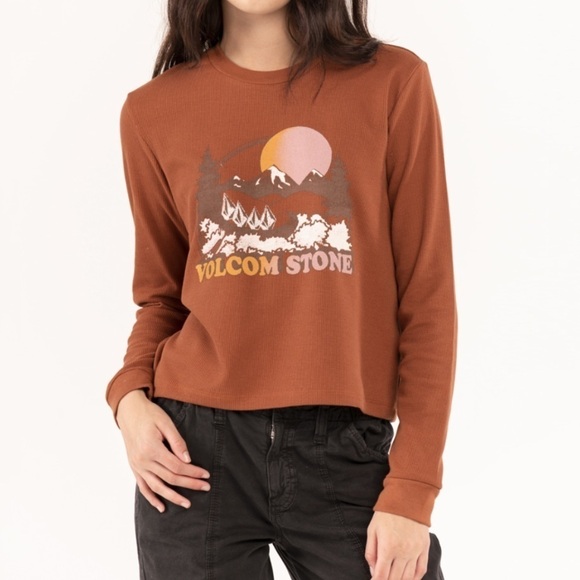 NWT Volcom Stone Thermality Long Sleeve Thermal Knit Graphic Top Dark Clay - Picture 3 of 10